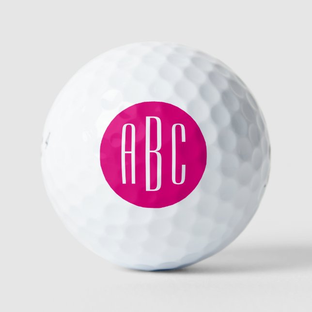 Modern Hot Pink and White Three Letter Monogram Golf Balls (Front)
