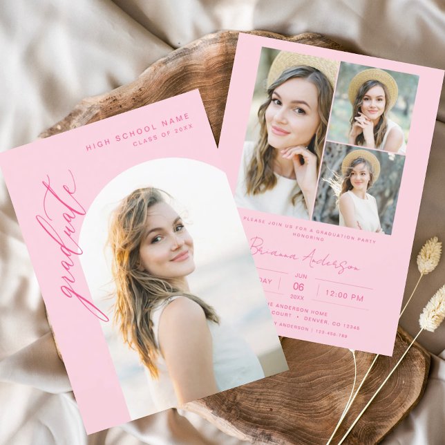 Modern Hot Pink Arch Photo Graduation Party Invitation (Creator Uploaded)