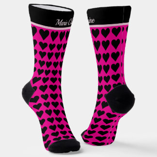 Modern Hot Pink Black Little Hearts Personalized Socks