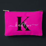 Modern Hot Pink Black Script Monogram Accessory Pouch<br><div class="desc">This simple, elegant hot pink and black accessory pouch with your first name in a trendy script font in white and your first initial in a modern cap font in black is perfect for you. It's stylish and trendy and yet very classic. It will be fabulous for school, the gym,...</div>