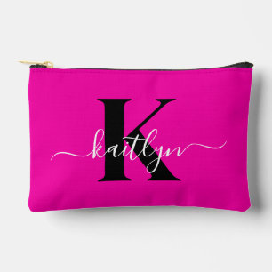 Modern Hot Pink Black Script Monogram Accessory Pouch