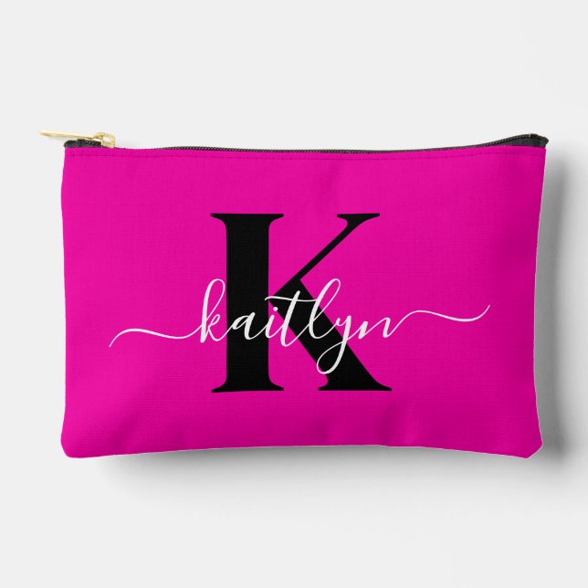 Modern Hot Pink Black Script Monogram Accessory Pouch (Front)