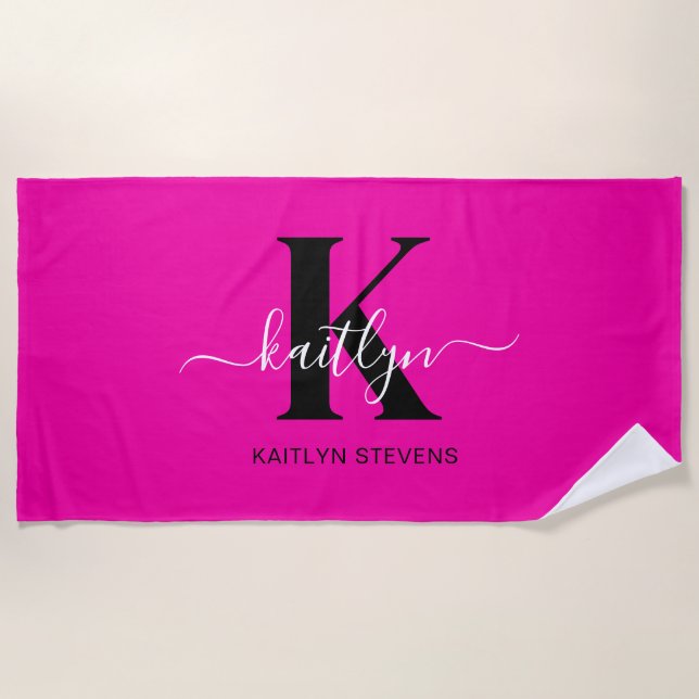 Modern Hot Pink Black Script Monogram Beach Towel (Front)