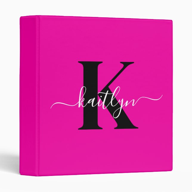 Modern Hot Pink Black Script Monogram Binder (Front/Spine)