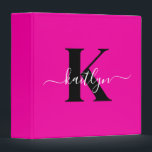 Modern Hot Pink Black Script Monogram Binder<br><div class="desc">This simple, elegant hot pink 2" capacity 3 ring binder with your first name in a trendy script font in white typed over your first initial in a modern cap font in black is perfect for keeping your recipes, photos, papers neat and tidy. It's stylish and trendy and yet very...</div>