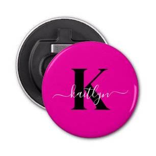 Modern Hot Pink Black Script Monogram Bottle Opener