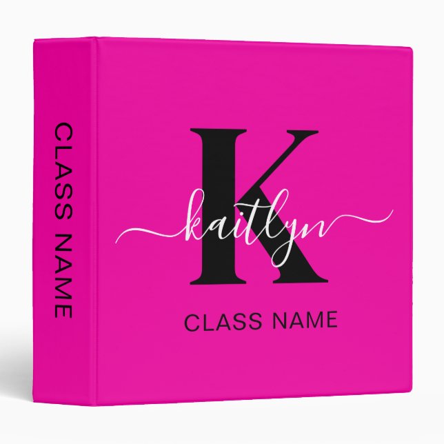 Modern Hot Pink Black Script Monogram Class Binder (Front/Spine)