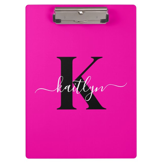 Modern Hot Pink Black Script Monogram Clipboard (Front)