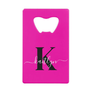 Modern Hot Pink Black Script Monogram Credit Card Bottle Opener