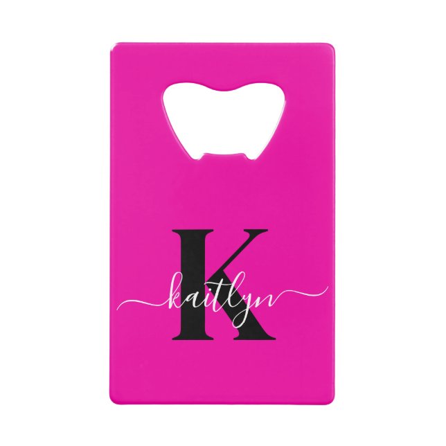 Modern Hot Pink Black Script Monogram Credit Card Bottle Opener (Front)