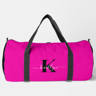 Modern Hot Pink Black Script Monogram Duffle Bag