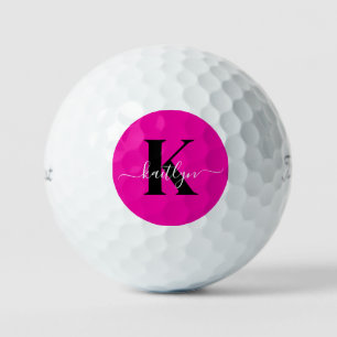Modern Hot Pink Black Script Monogram Golf Balls