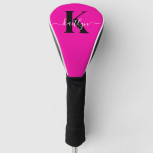 Modern Hot Pink Black Script Monogram Golf Head Cover