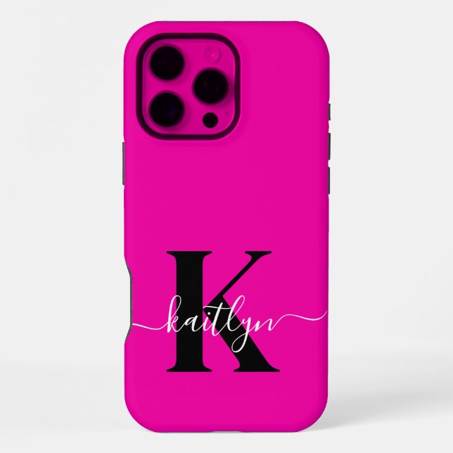 Modern Hot Pink Black Script Monogram iPhone Case (Back)