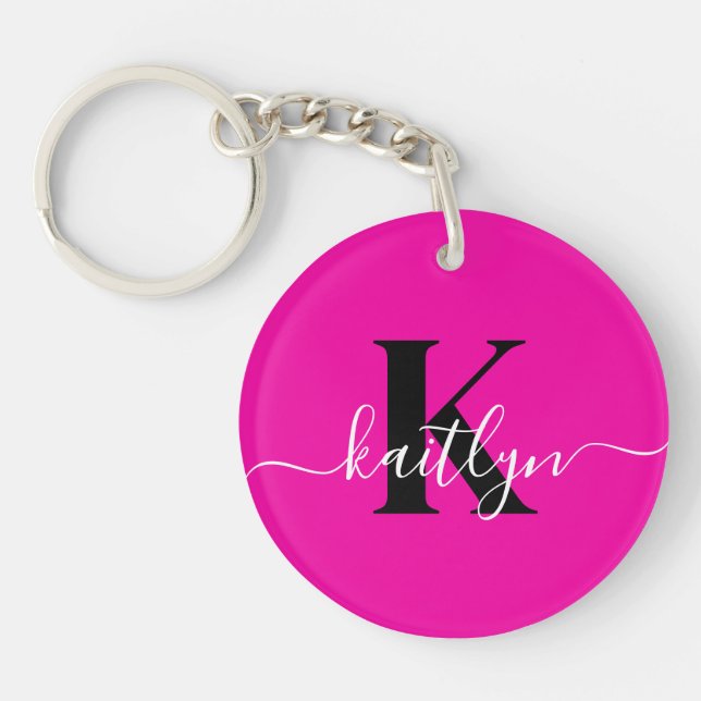 Modern Hot Pink Black Script Monogram Keychain (Front)