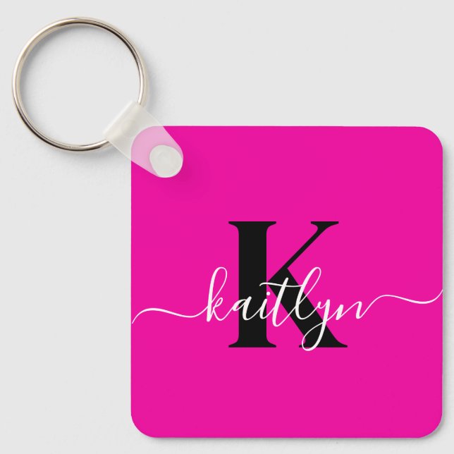 Modern Hot Pink Black Script Monogram Keychain (Front)