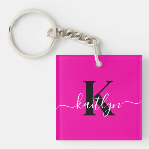Modern Hot Pink Black Script Monogram Keychain