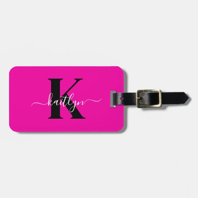 Modern Hot Pink Black Script Monogram Luggage Tag (Front Horizontal)