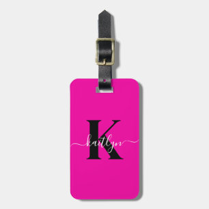 Modern Hot Pink Black Script Monogram Luggage Tag