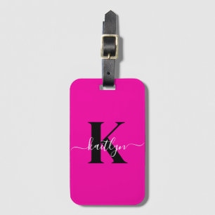 Modern Hot Pink Black Script Monogram Luggage Tag