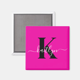 Modern Hot Pink Black Script Monogram Magnet