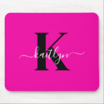 Modern Hot Pink Black Script Monogram Mouse Pad<br><div class="desc">This simple, elegant hot pink mousepad with your first name in a trendy script font in white typed over your first initial in a modern cap font in black is perfect for your office/desk. It's stylish and trendy and yet very classic.</div>