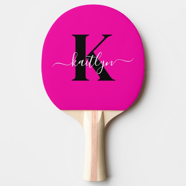 Modern Hot Pink Black Script Monogram Ping Pong Paddle (Front)