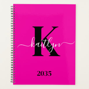 Modern Hot Pink Black Script Monogram Planner