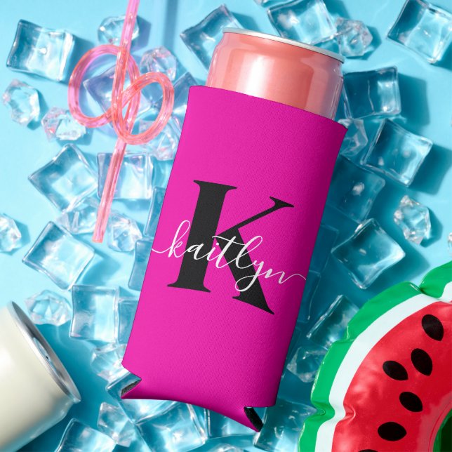 Modern Hot Pink Black Script Monogram Seltzer Can Cooler (In Situ Summer)