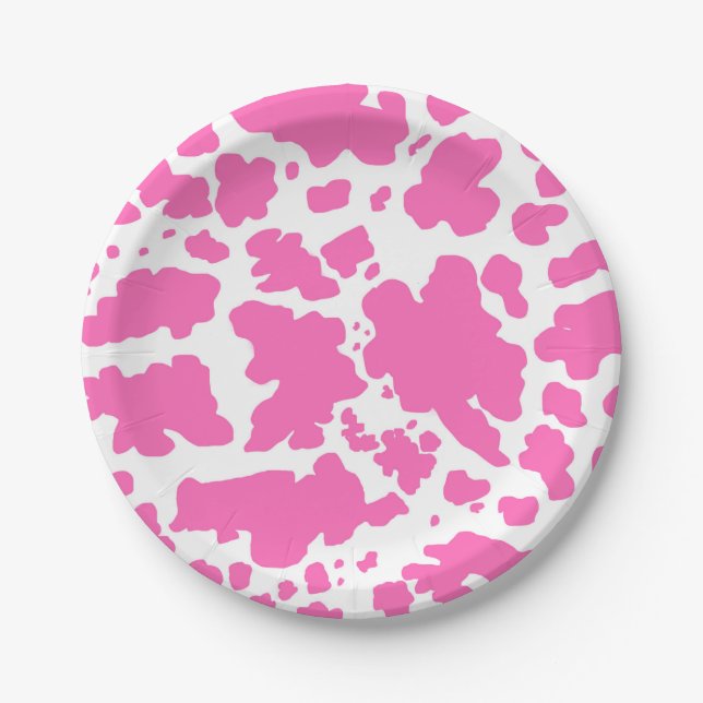 Modern Hot Pink Cow Skin Texture Animal Print  Paper Plate (Front)