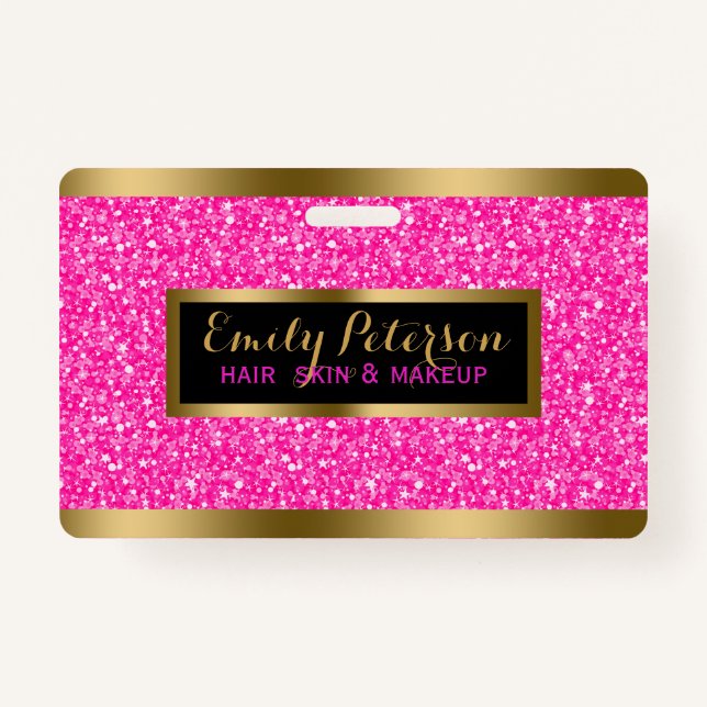 Modern Hot Pink Faux Glitter Gold Accents Badge (Back)