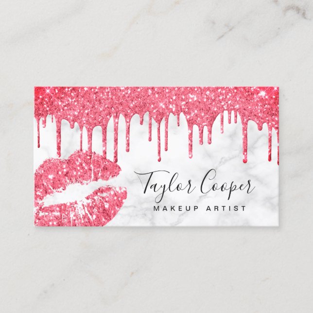 Modern hot pink glitter lips makeup artist business card (Front)