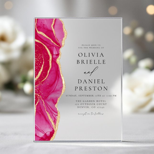 Modern Hot Pink Gold Agate Elegant Wedding Acrylic Invitations (Creator Uploaded)