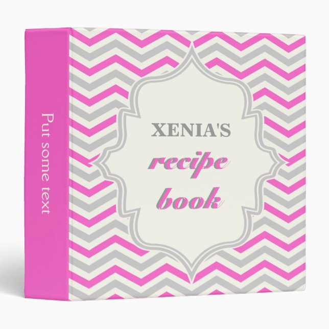 Modern hot pink, grey chevron zigzag recipe binder (Front/Spine)