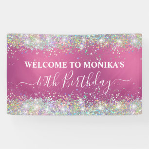 Modern Hot Pink Holographic Faux Glitter Monogram Banner