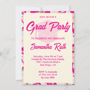Modern Hot Pink Ivory Floral Graduation Party Invitation