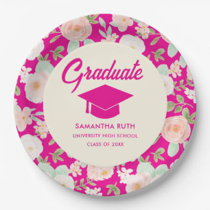 Modern Hot Pink Ivory Floral Graduation Party Paper Plate