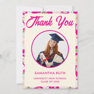 Modern Hot Pink Ivory Floral Photo Graduation Thank You Card