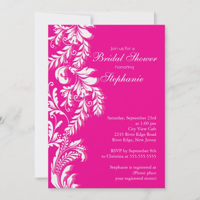Modern Hot Pink Leaf Swirl Bridal Shower Invitation (Front)