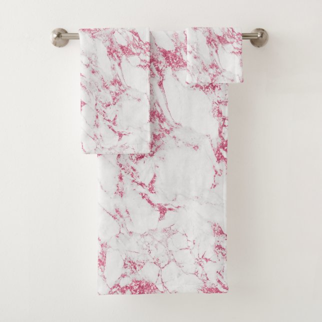 Modern Hot Pink Magenta Foil Glitter White Marble Bath Towel Set (Insitu)