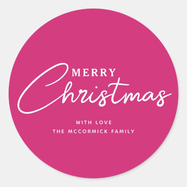 Modern Hot Pink Merry Christmas Script Typography Classic Round Sticker (Front)