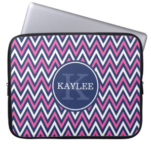 Modern Hot Pink Navy Blue Chevron & Monogram Laptop Sleeve