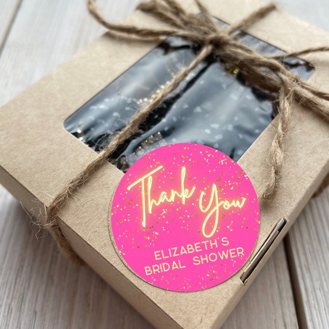Modern Hot Pink Neon Glow Glitter Thank You Script Classic Round Sticker (Creator Uploaded)