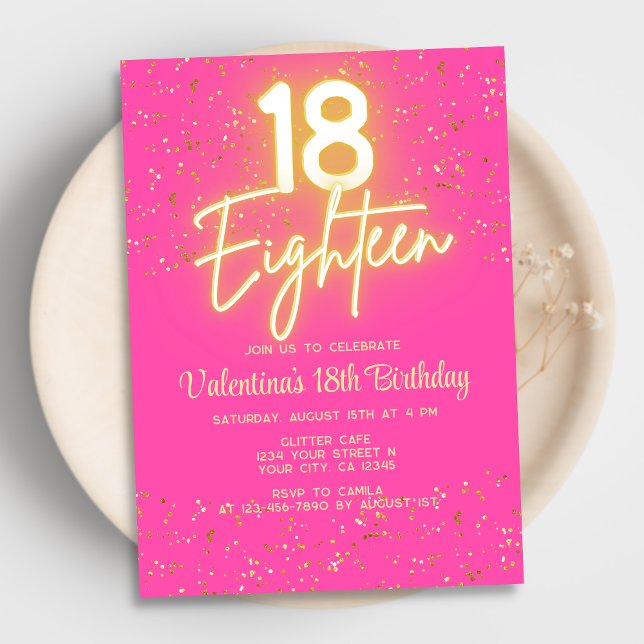 Modern Hot Pink Neon Glow Gold Glitter 18 Birthday Invitation (Creator Uploaded)