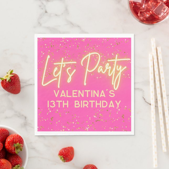 Modern Hot Pink Neon Glowing Let's Party Birthday Napkin (Insitu)