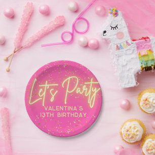 Modern Hot Pink Neon Glowing Let's Party Birthday Paper Plate