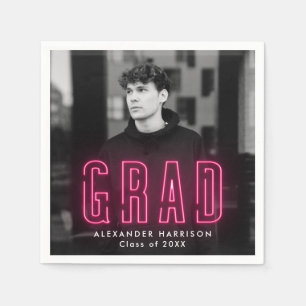 Modern Hot Pink Neon Photo Graduation Napkin