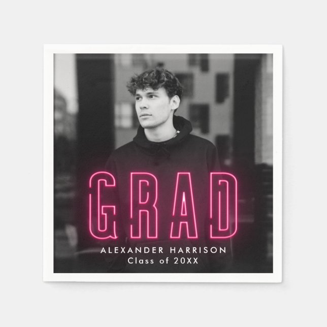 Modern Hot Pink Neon Photo Graduation Napkin (Front)