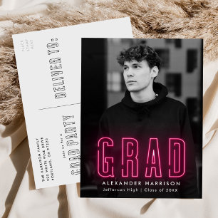 Modern Hot Pink Neon Photo Graduation Party Invitation Postcard