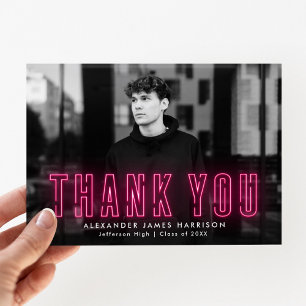 Modern Hot Pink Neon Photo Graduation Thank You Card